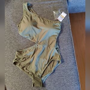 One shoulder cutout Michael Kors sz 14 army green swimsuit w/ gold grommets NEW